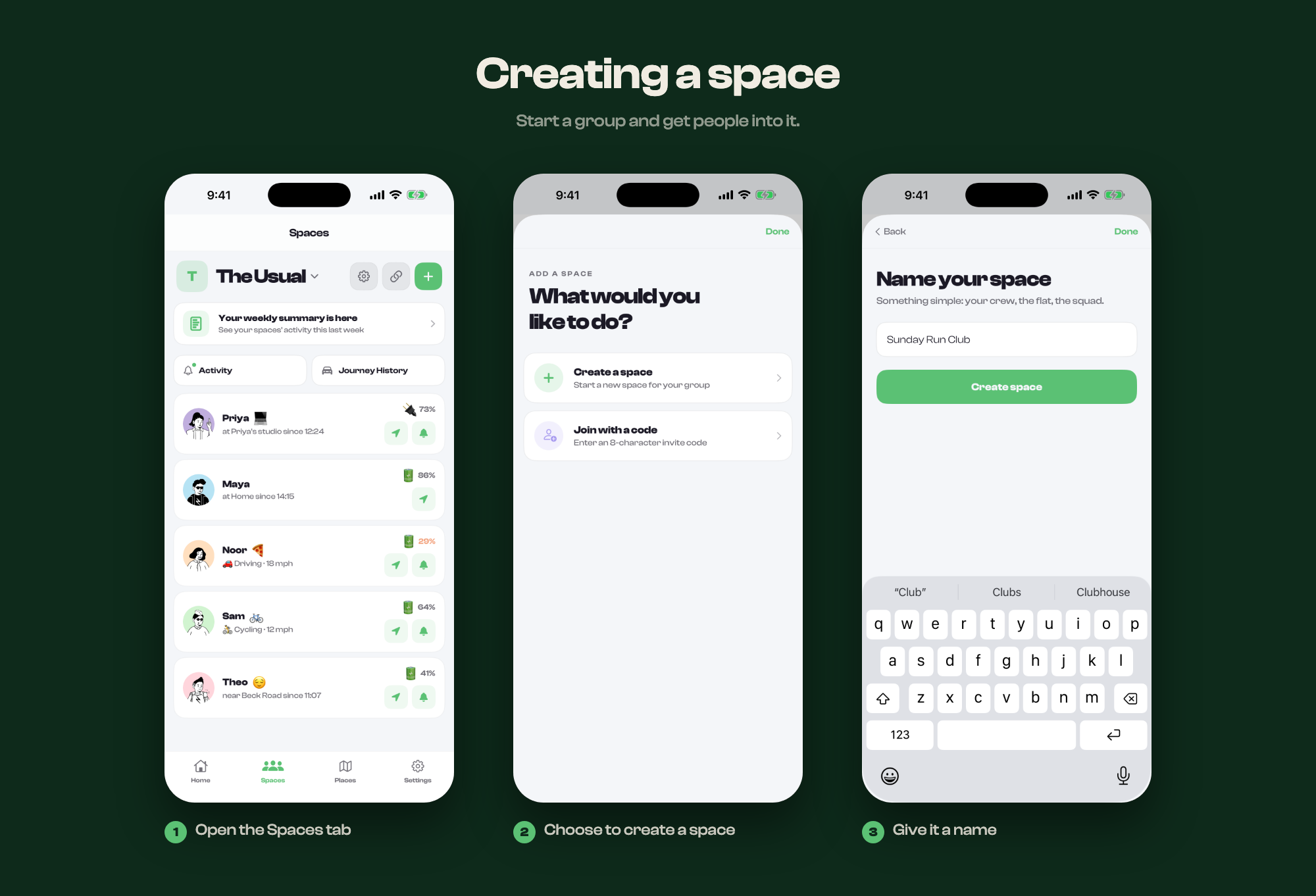 The three steps to creating a space, shown on screen