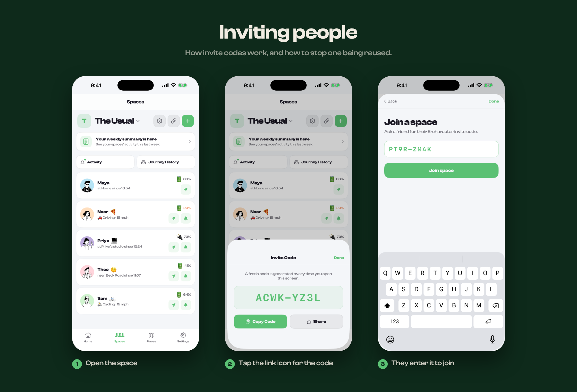 The steps to sharing an invite code, shown on screen