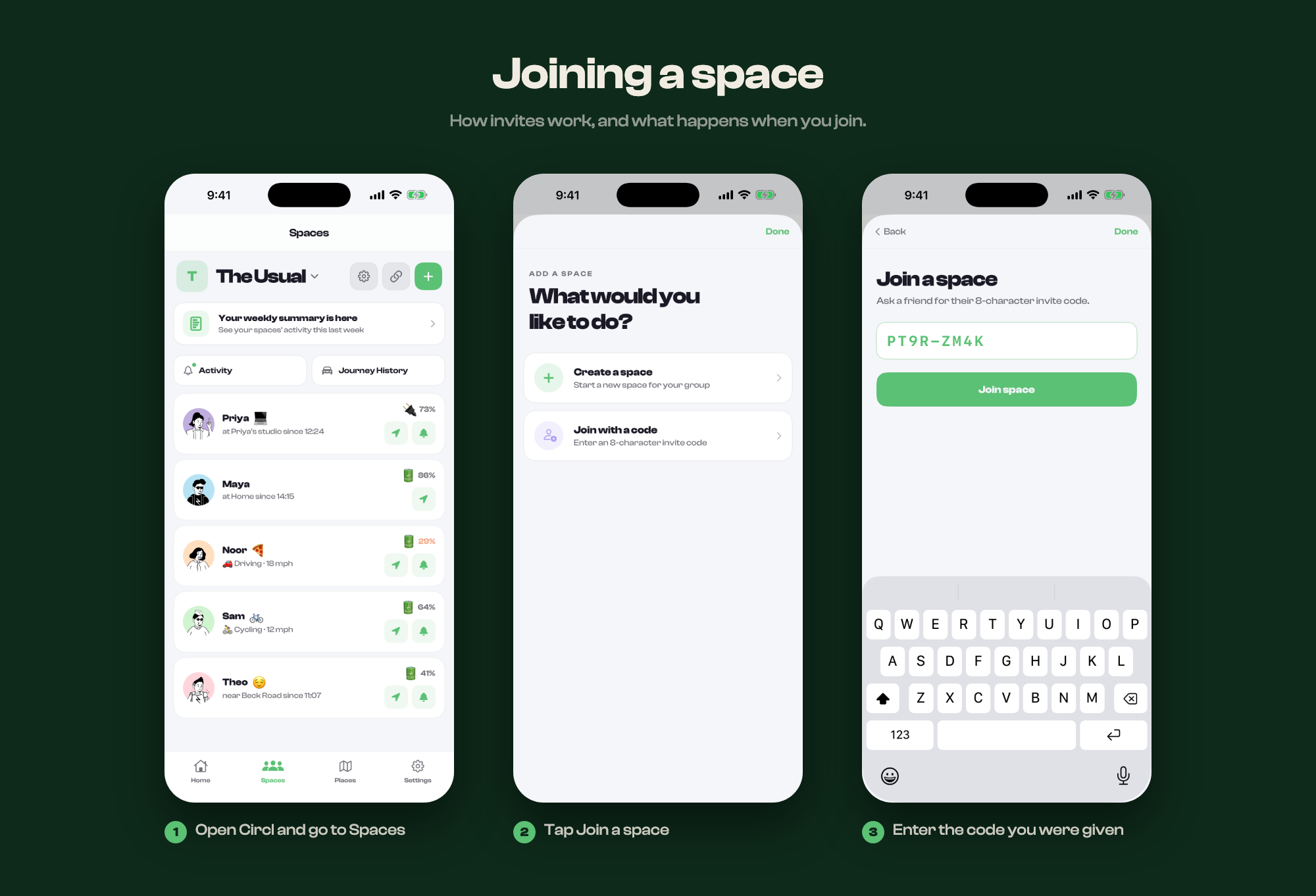The three steps to joining a space, shown on screen