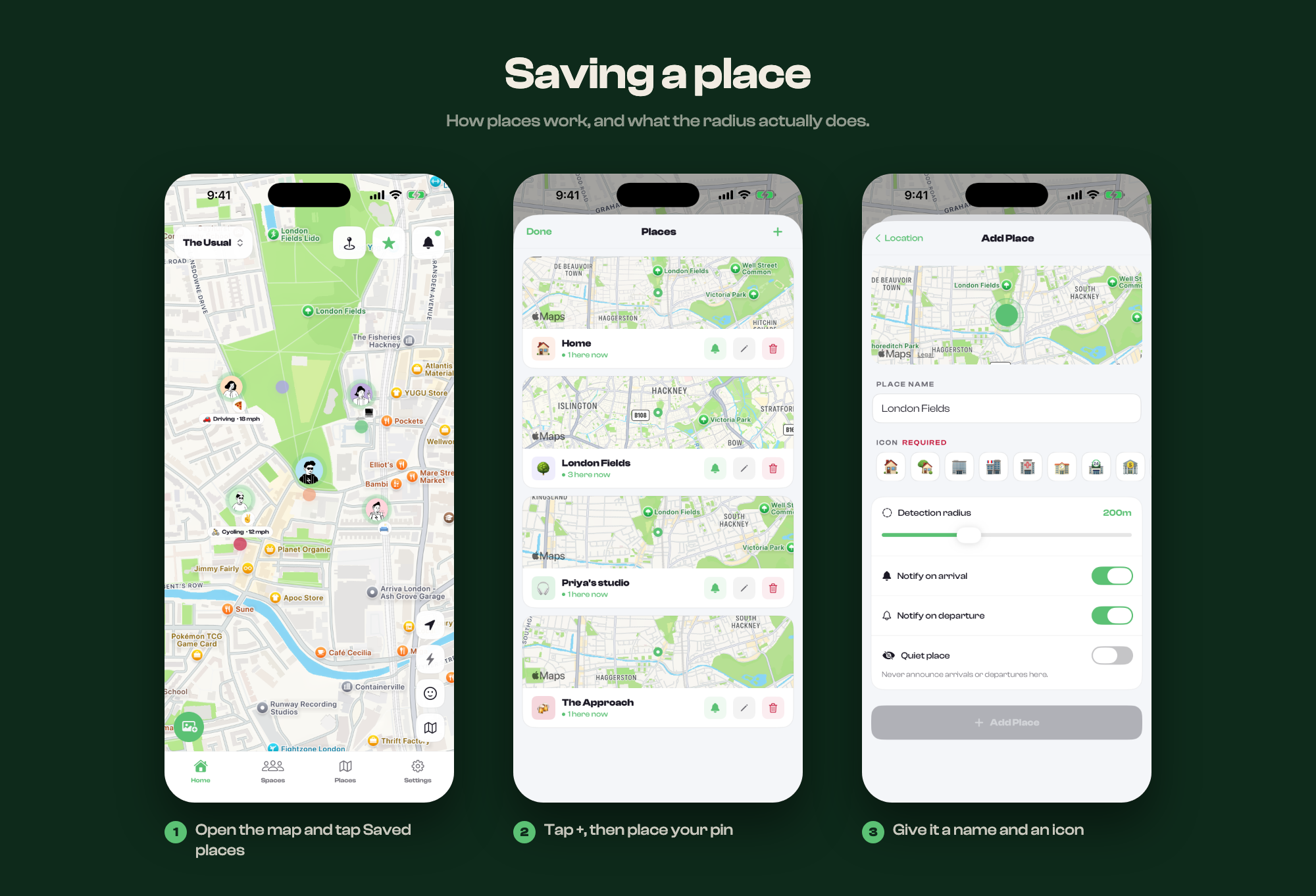 The three steps to saving a place, shown on screen